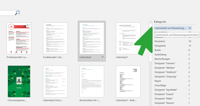 Lebensläufe und Vorlage für Bewerbungen in Word